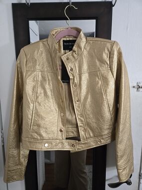 Drôle De Copine Metallic Gold Cropped Leather Jacket Size S